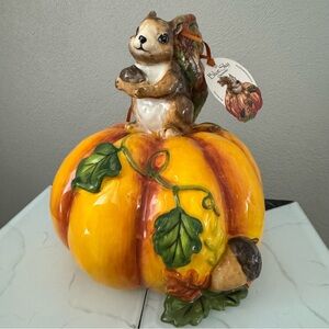 Blue Sky ceramic pumpkin with squirrel fall harvest ceramics